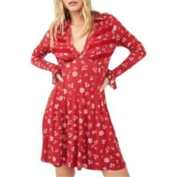 NWT Free People | Red Pop Combo Good Days Floral Print Mini Dress Size Large - Picture 1 of 12